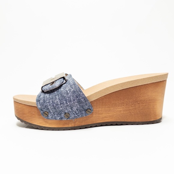 Dr Scholls Original Life Slide Wedge Sandals Women 9 Denim Buckle